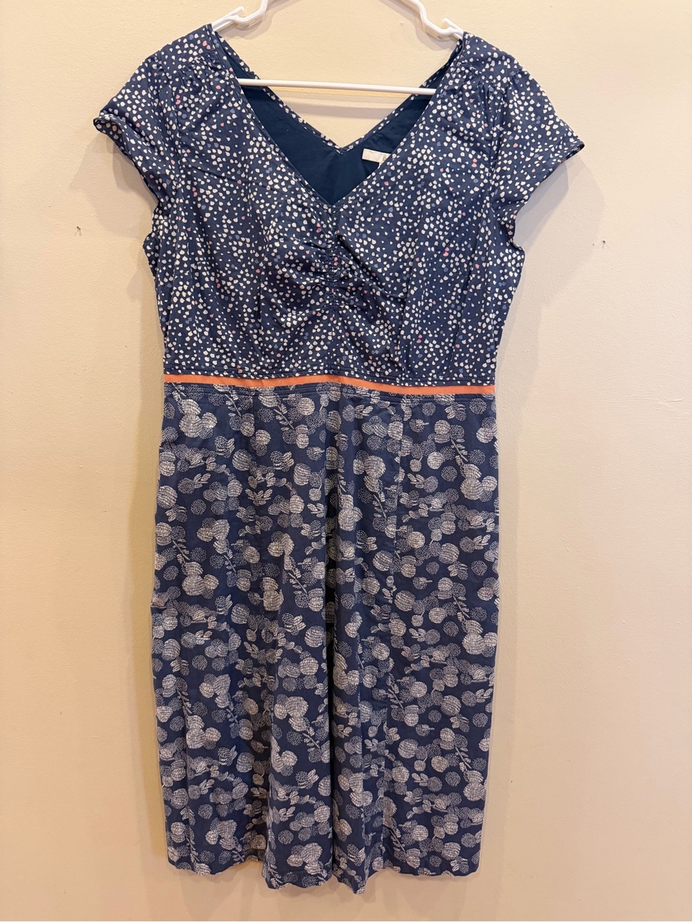 Boden Navy Floral Print Short Sleeve Dress with Coral Trim